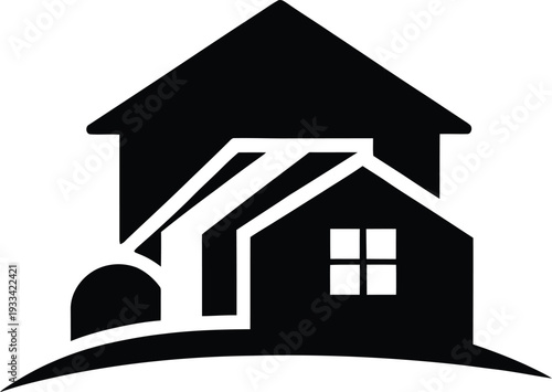Black silhouette house icon with roof structure design. Ideal for real estate agencies, property developers, construction services, housing projects, and building industry branding.
