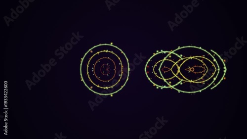 Binary star system illustration with orbiting celestial bodies.