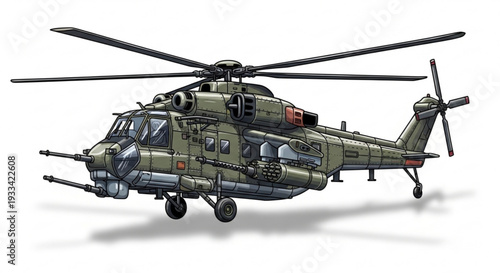 Weaponized Military Helicopter Cartoon Illustration Isolated on White Background
