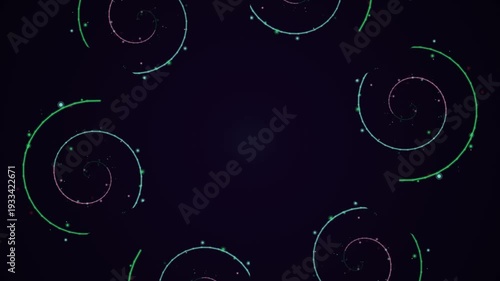 Glowing neon spiral shapes on dark background.