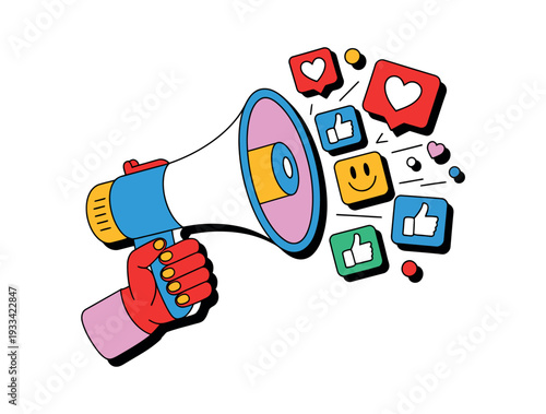 A colorful illustration of a hand holding a megaphone with social media icons and symbols surrounding it.