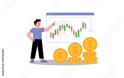 A man pointing at a stock market graph on a computer screen with coins and currency stacks nearby.