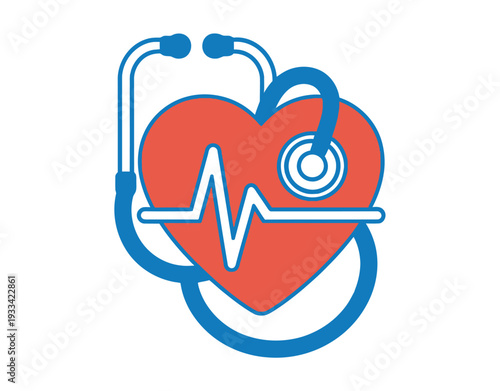 A stethoscope wrapped around a red heart with a white ECG line on a blue medical symbol