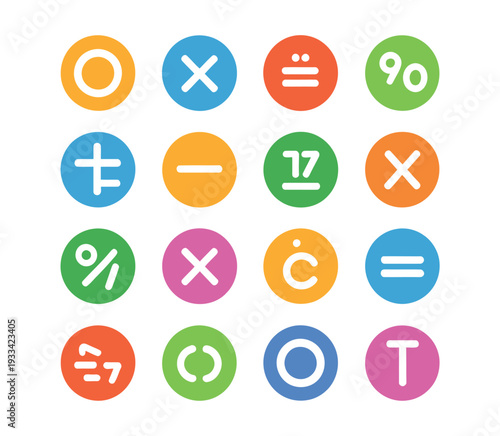 A colorful set of mathematical symbols and icons on a white background