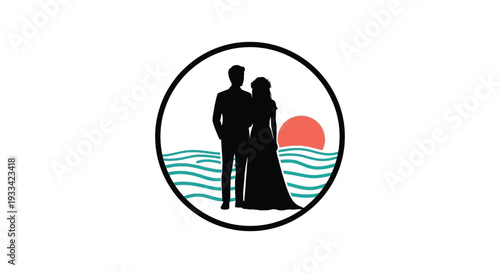 Silhouette of romantic couple at sunset over ocean waves in circular frame for wedding invitation