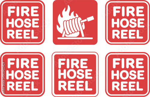 A set of red fire hose reel signs on a white background for safety and emergency purposes