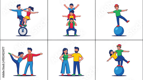 People Balancing Acts Illustrations. Acrobatic skills, unicycle, and teamwork concepts showcasing stability, partnership, and agility.