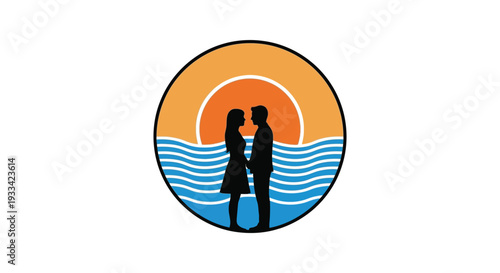 Silhouette of couple at sunset over ocean waves in circular frame for romantic travel brochure