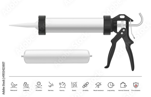 The foil pack applicator gun sealant mockup with icons set. Vector illustration isolated on white background. The outline icons are well scalable, editable. Can be use for template your design. EPS10.