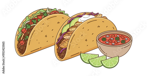 Tasty Mexican street food tacos packed with savory beef and chicken, accompanied by zesty salsa and juicy lime slices