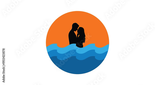 Silhouette of embracing couple in orange sunset over wavy blue water for romantic greeting
