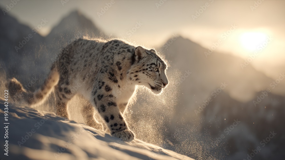 Fototapeta premium Snow leopard walking on snowy mountain