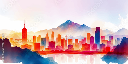 Panoramic city skyline silhouette with skyscrapers at sunset fading into night sky