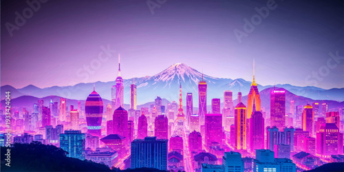 Nighttime city skyline in winter illustration