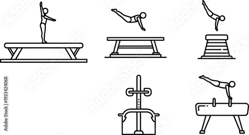 A series of illustrations demonstrating various gymnastic moves on transparent background