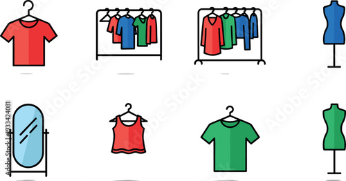 A clothing store display showcasing various garments on mannequins and hangers on transparent background