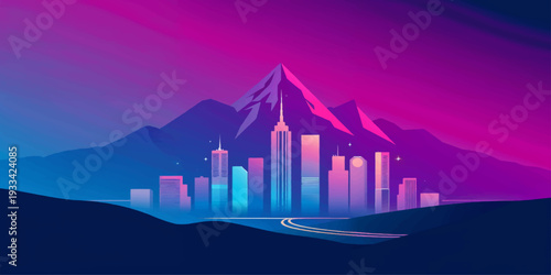 Abstract night city skyline with glowing skyscraper silhouettes against the sky