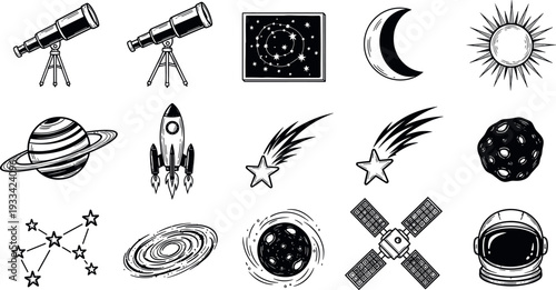 A collection of black and white space and astronomy icons on transparent background