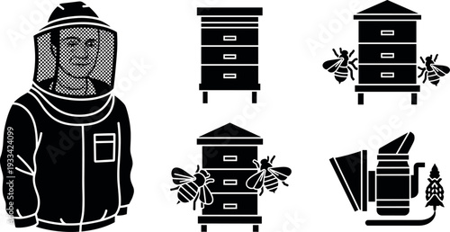 A person dressed in a beesuit standing next to illustrations of bee houses on transparent background