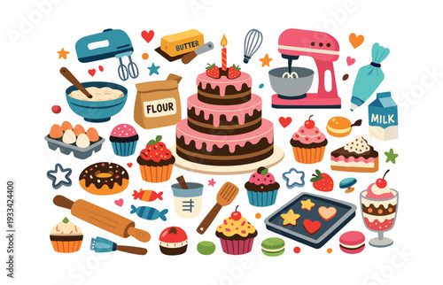 Collection of sweet treats, kitchen tools, and ingredients, creating a colorful composition for confectionery and cooking themes