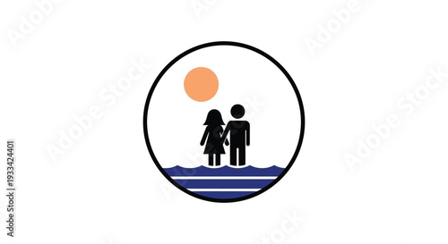 Silhouette of couple standing on beach at sunset in circular frame for travel brochure