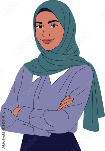 A confident woman wearing a hijab and professional attire stands with her arms crossed on transparent background