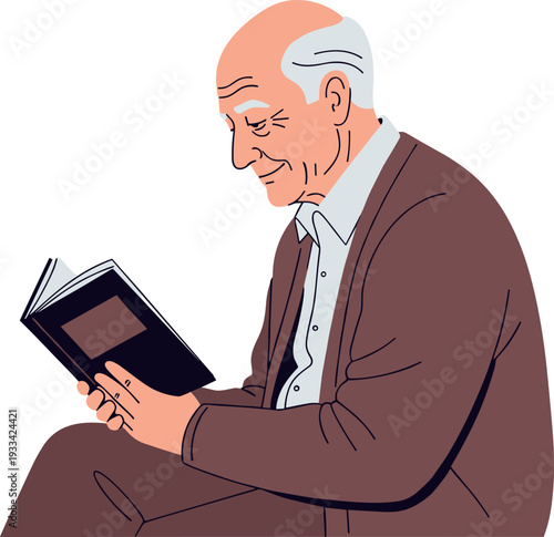 An elderly man reading a book while sitting and enjoying his leisure time on transparent background