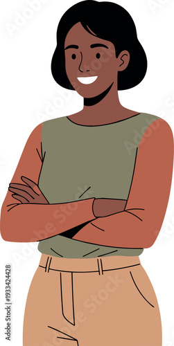 A confident woman with crossed arms poses happily in casual attire on transparent background