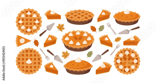 Pumpkin pies and slices arranged in a seamless pattern, featuring whipped cream, lattice tops, spatulas, forks, and autumn leaves