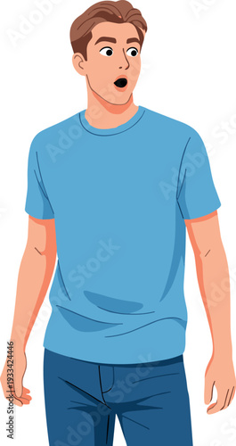 A surprised young man standing with his mouth open on transparent background