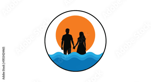 Silhouette of couple holding hands at sunset over water in circular frame for love and relationship