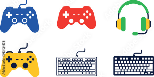 A collection of gaming controllers and headphones on transparent background
