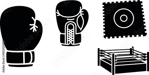 Silhouette of boxing gloves and a boxing ring on transparent background