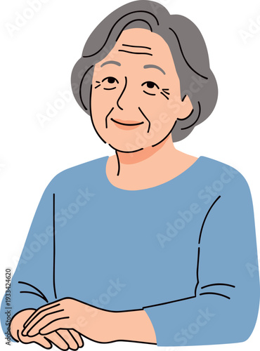 A gentle elderly woman is smiling softly while sitting with her hands folded on on transparent background