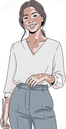 A smiling woman with vitiligo, long hair, wearing casual clothes against a transparent background.