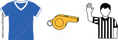 A referee raises his hand while wearing a striped shirt with a blue jersey and whistle on transparent background