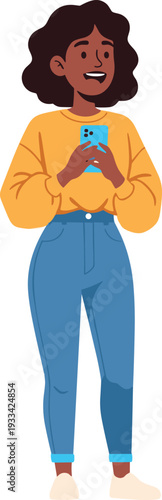 A black young woman smiling while looking at her phone on transparent background