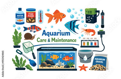 Aquarium hobby supplies and equipment for fish care and maintenance, including tank, filter, heater, food, gravel, and water conditioner