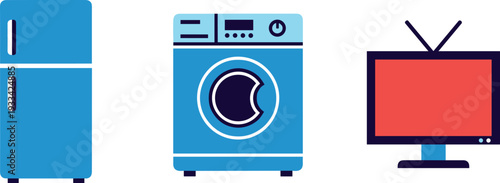 A modern kitchen scene featuring a refrigerator washing machine and television on transparent background