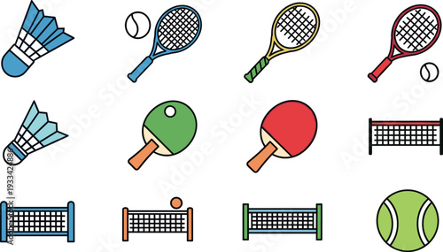 A collection of badminton rackets and shuttlecocks on transparent background