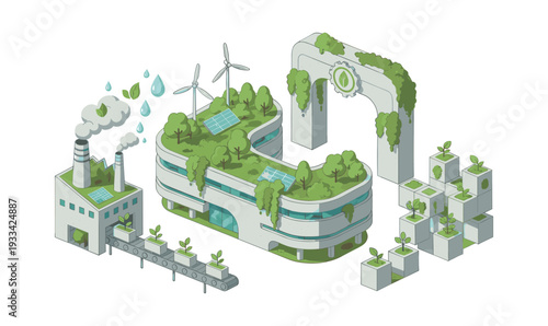 Sustainable industry transforming towards green technology, renewable energy sources, and environmentally friendly urban farming concepts