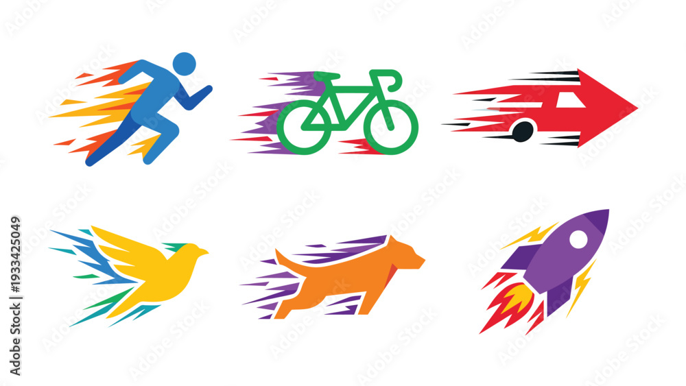 Fototapeta premium Dynamic Speed Icons Set: Running, Bicycle, Car, Bird, Dog, Rocket. Fast Movement, Delivery, and Express Service Vector Concepts