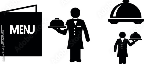 A waiter presenting a tray with food in front of a menu with on transparent background
