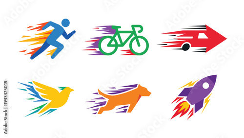 Dynamic Speed Icons Set: Running, Bicycle, Car, Bird, Dog, Rocket. Fast Movement, Delivery, and Express Service Vector Concepts