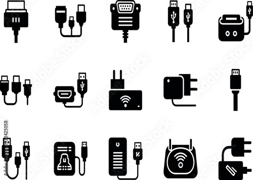 A collection of various electronic cables and adapters on transparent background