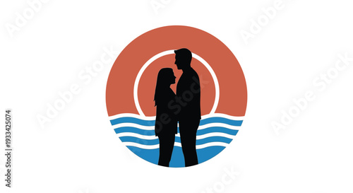 Loving couple silhouette romantic sunset ocean view for travel brochure