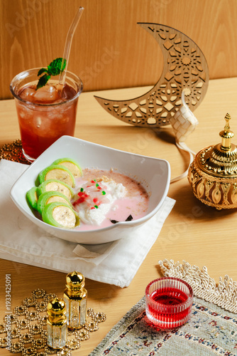 Creamy Green banana Soup with Iced Tea and Ramadan Decor