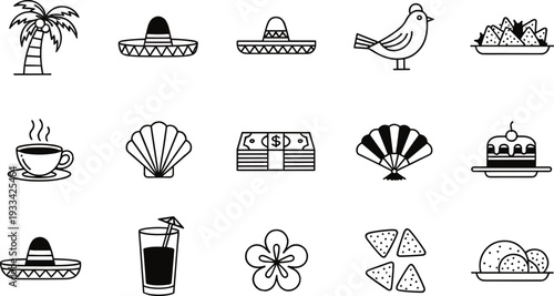Tropical vacation and food icons