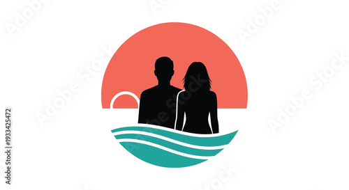Silhouette of couple in teal wavy line with orange sunset for wedding or travel branding in minimalist style with vibrant colors