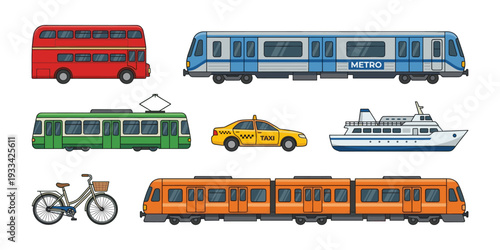Various public transportation vehicles and city commute travel methods isolated, including bus, metro, tram, taxi, cruiser, and bicycle
